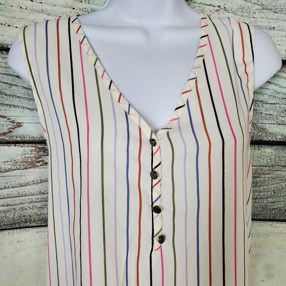Maurices Women’s Sleeveless Blouse Large White Multicolor Striped Button Front - Picture 2 of 8